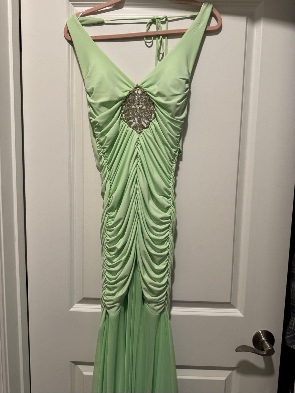 Cache Light Green Ruched Prom Gown with Beaded Inset